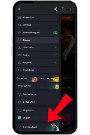 Auf den Download App Button bei Rooster Bet tippen