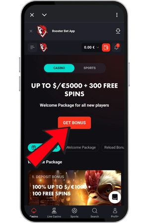 Auf den Button Get Bonus bei Rooster Bet no deposit bonus code
tippen