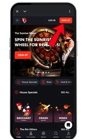 Startseite von RoosterBet mit dem Button Sign Up oben rechts