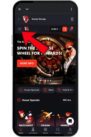 Startseite von RoosterBet mit dem Menü Button oben links