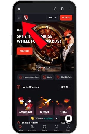 Startseite von Rooster Bet im mobilen Browser geöffnet
