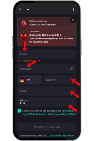 Registrierungsseite von RoosterBet mit dem Anmeldeformular
