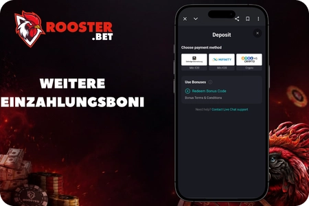 Weitere Einzahlungsboni bei RoosterBet no deposit für die zweite bis vierte Einzahlung